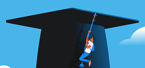 Student hanging on a tearing graduate cap tassel illustration